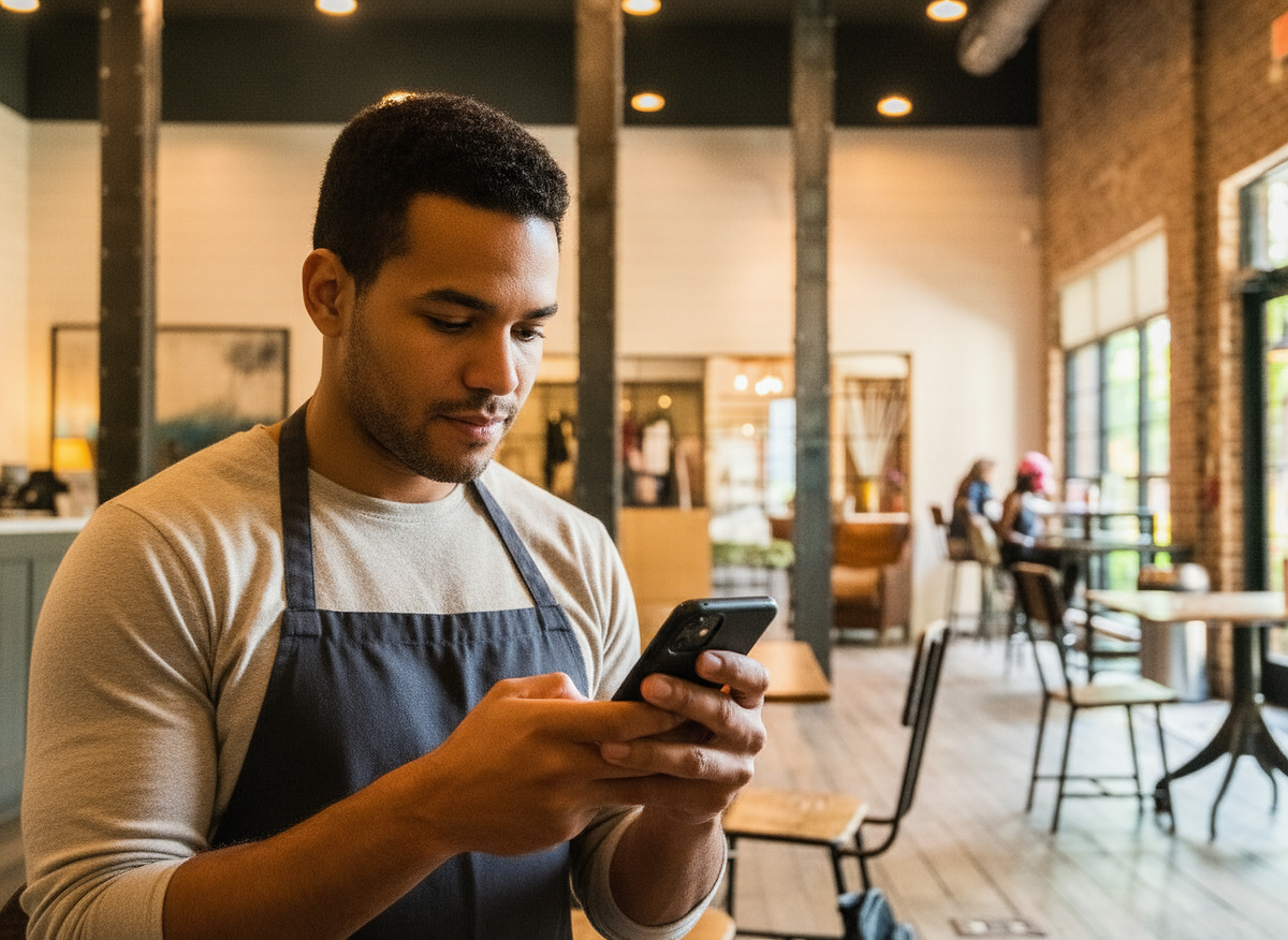 Dono de restaurante conferindo os pedidos no celular, no salão