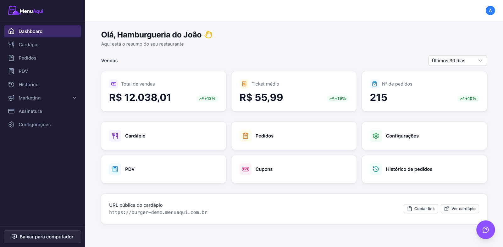 Painel do MenuAqui com resumo de vendas e a URL pública do cardápio